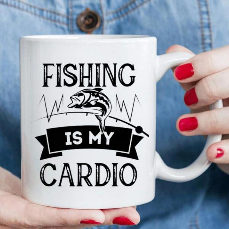Tailorly White Ceramic 11 oz Mug - Fishing Is My Cardio Jumping Out Of Water Near Jagged Pulse Lines Under Sunlight Fish