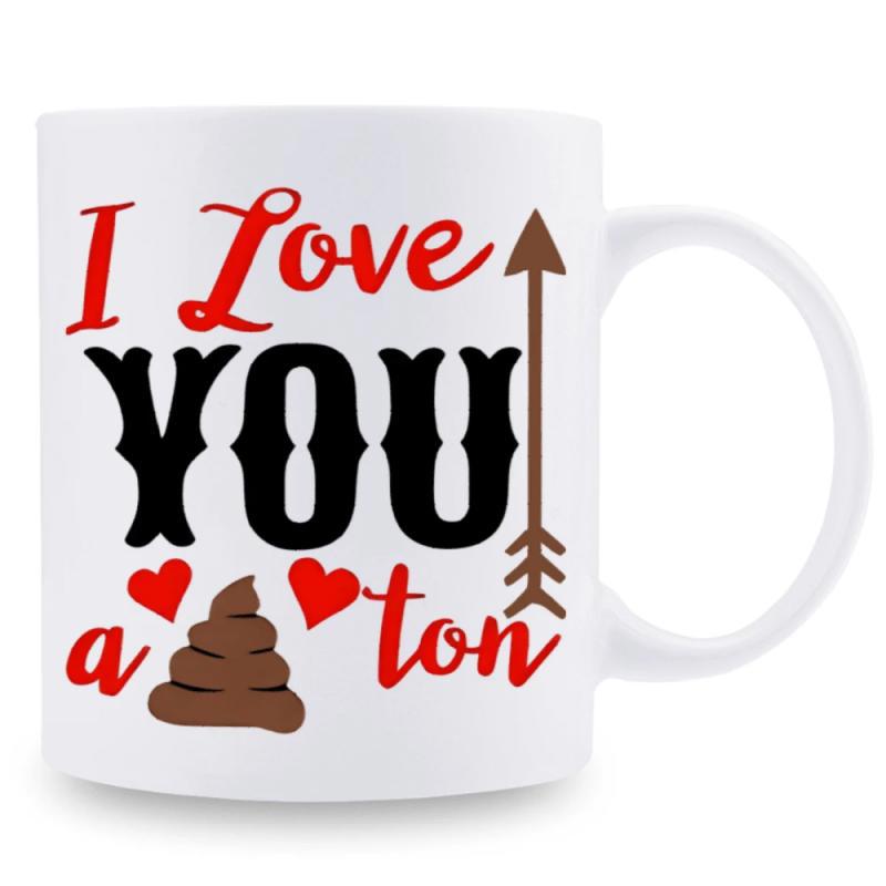 Tailorly White Ceramic 11 oz Mug - I Love You A Ton Playful Humor Design With Red Hearts And Brown Swirl Mug