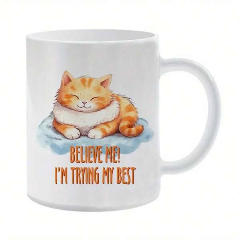 Tailorly White Ceramic 11 oz Mug - Believe Me I'm Trying My Best Adorable Sleeping Orange Tabby Resting Comfortably On A Soft Blue Cloud Cat