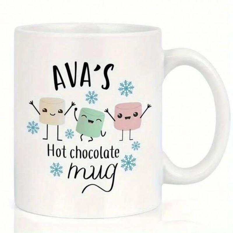 Tailorly White Ceramic 11 oz Mug - Ava's Hot Chocolate Mug Dancing Cartoon Marshmallows Smiling Among Falling Winter Blue Snowflakes Mug