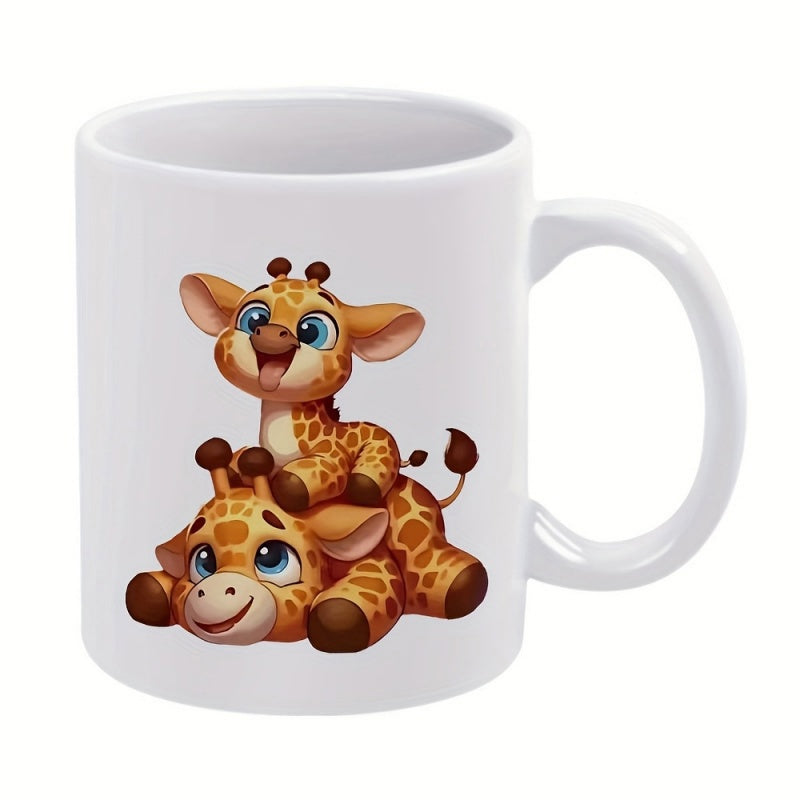 Tailorly White Ceramic 11 oz Mug - Cute Cartoon Baby Giraffes Playing Together With Big Sparkly Blue Eyes Giraffes
