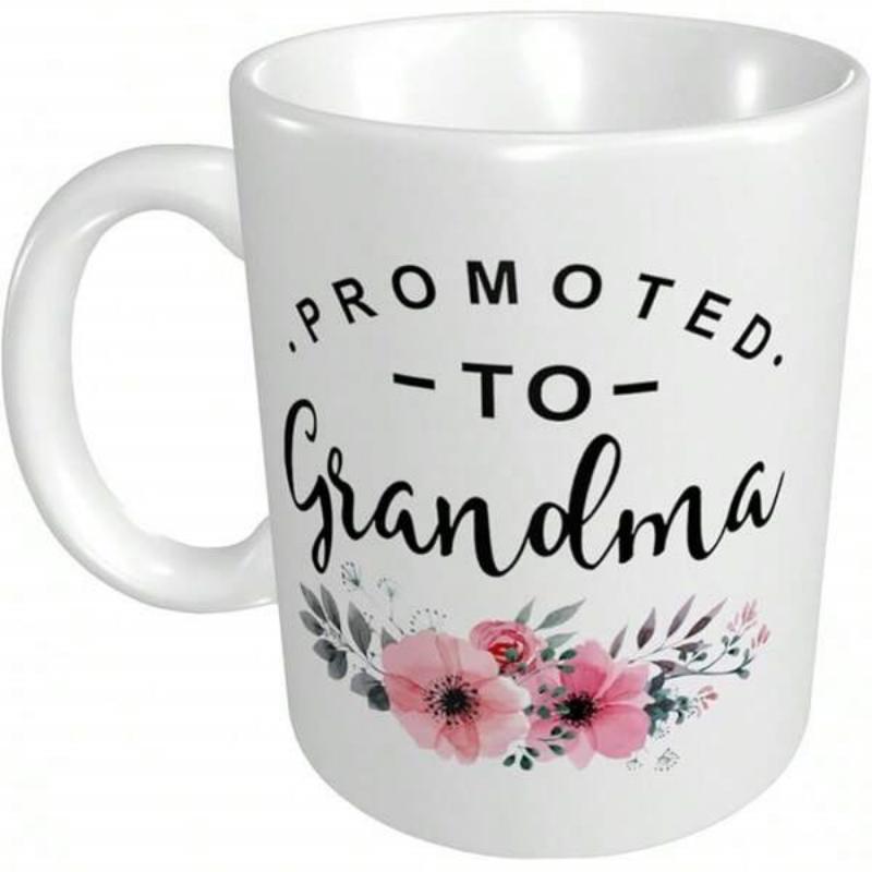 Tailorly White Ceramic 11 oz Mug - Promoted To Grandma Delicate Pink Watercolor Flowers Blooming Elegantly Under Soft Green Leaves Mug