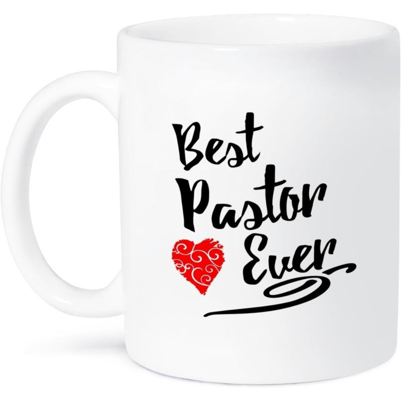 Tailorly White Ceramic 11 oz Mug - Best Pastor Ever Artistic Brush Lettering With Decorative Swirls And Red Patterned Heart