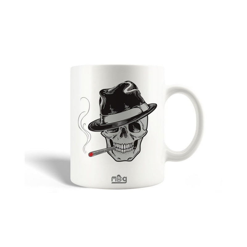 Tailorly White Ceramic 11 oz Mug - Edgy Monochrome Illustration Of A Smoking Skeleton Wearing A Classic Fedora Skull