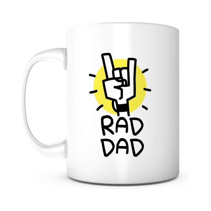 Tailorly White Ceramic 11 oz Mug - Rad Dad Energetic Hand Giving Rock Sign Over Bright Yellow Sun Hand
