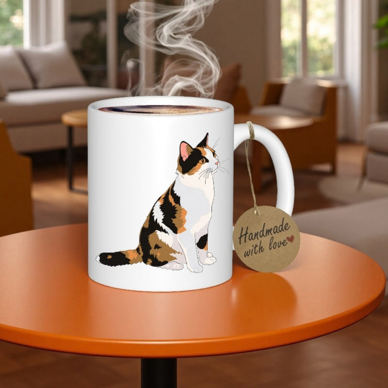 Tailorly White Ceramic 11 oz Mug - Handmade With Love Sitting Calico Feline With Orange And Black Patched Fur Cat
