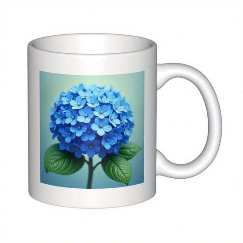 Tailorly White Ceramic 11 oz Mug - Beautiful Blue Blossoming Flowers With Lush Green Leaves On Square Background Hydrangea