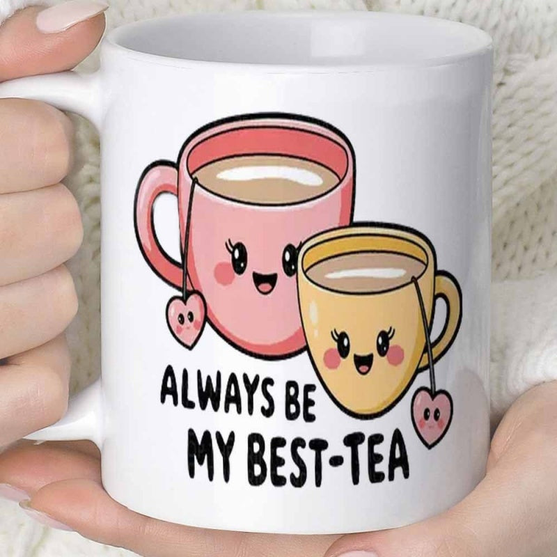 Tailorly White Ceramic 11 oz Mug - Always Be My Best Tea Adorable Cartoon Tea Cups With Smiling Faces And Tiny Heart Tags Cup