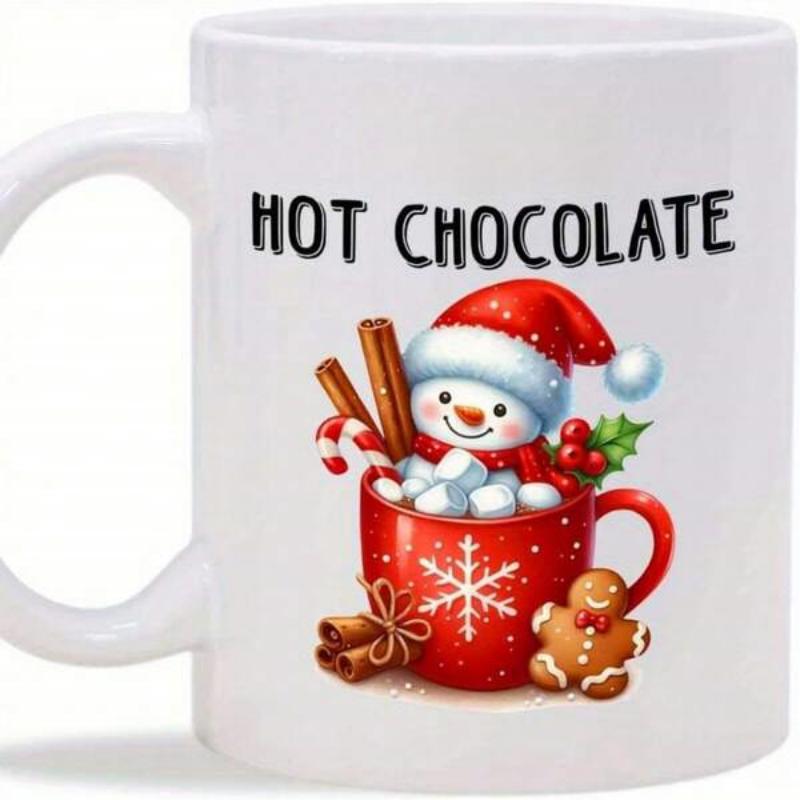 Tailorly White Ceramic 11 oz Mug - Hot Chocolate Smiling Snowman In Festive Red Cup With Gingerbread Man And Cinnamon Mug