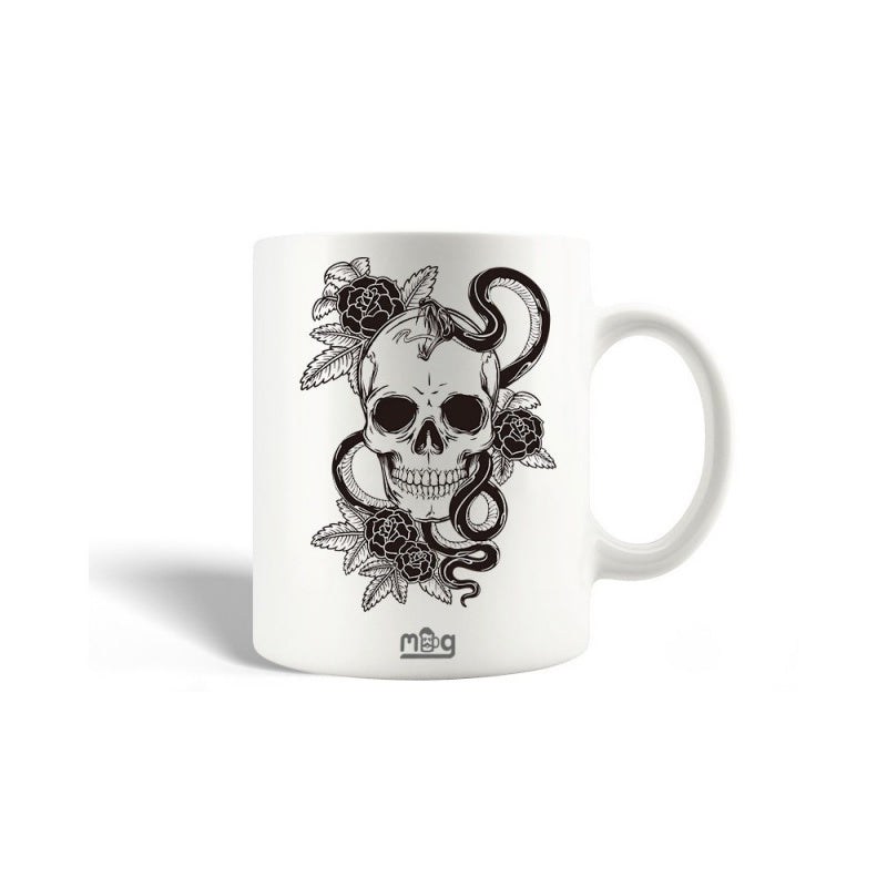 Tailorly White Ceramic 11 oz Mug - Detailed Gothic Illustration Of A Snake Slithering Through Blooming Roses Skull