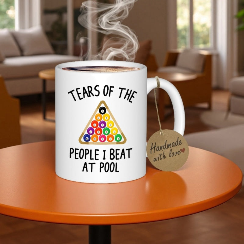 Tailorly White Ceramic 11 oz Mug - Tears Of The People I Beat At Pool Colorful Billiard Balls Arranged Inside A Classic Wooden Triangle Pool Rack
