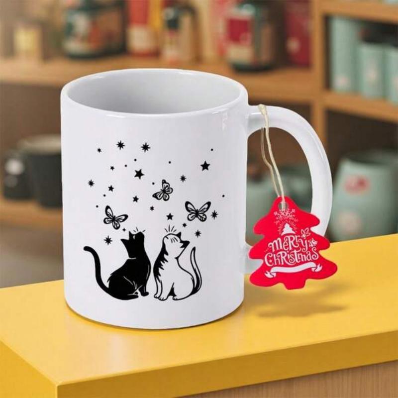 Tailorly White Ceramic 11 oz Mug - Merry Christmas Graceful Silhouettes Watching Stars Amidst Fluttering Winged Insects Night Sky Cat