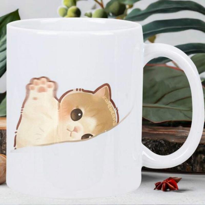 Tailorly White Ceramic 11 oz Mug - Cute Ginger Kitten Peeking From Behind Corner With Waving Tiny Paw Cat