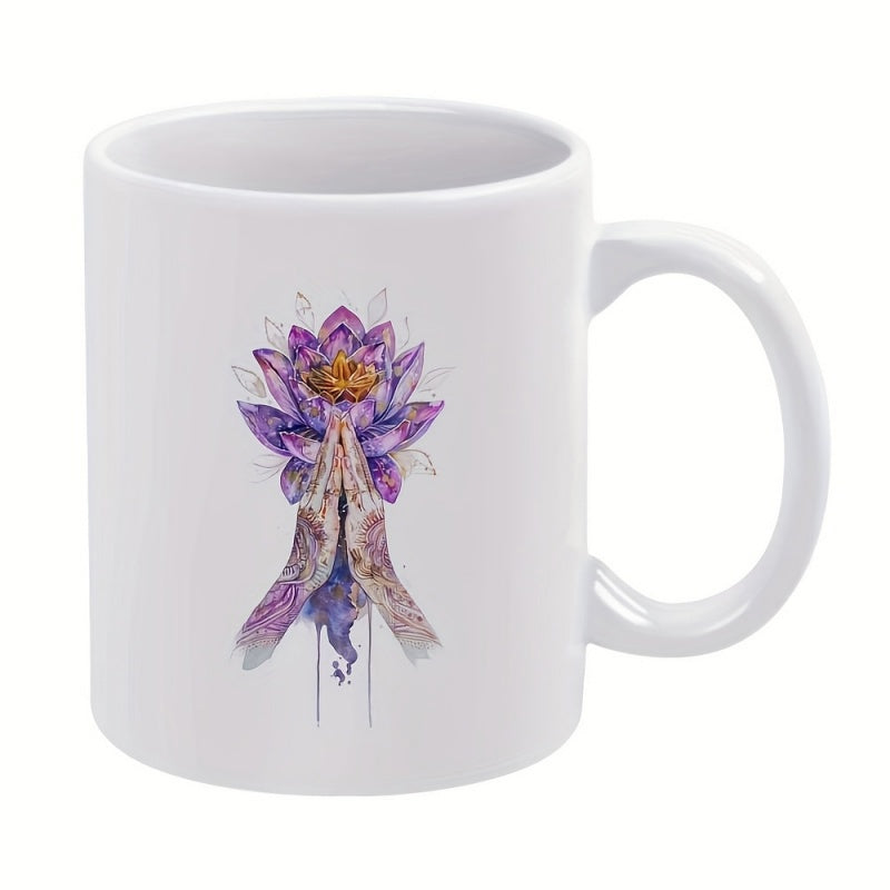 Tailorly White Ceramic 11 oz Mug - Spiritual Praying Hands Positioned Below A Radiant Purple Blooming Sacred Lotus