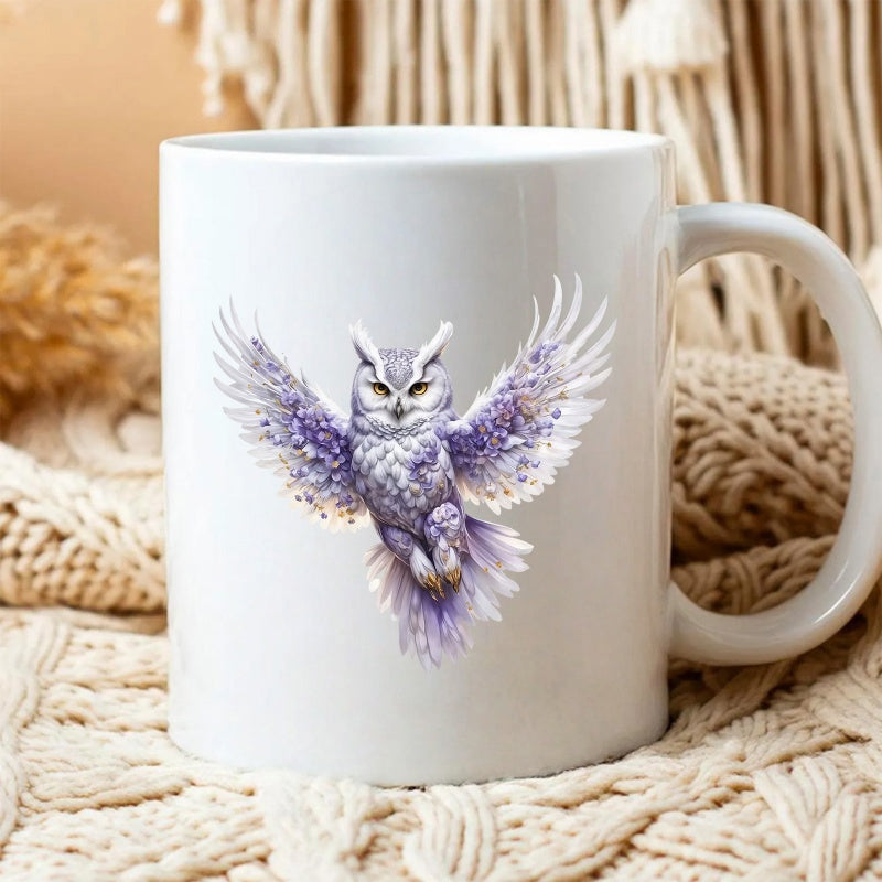 Tailorly White Ceramic 11 oz Mug - Majestic Purple Feathers Spreading On A Mystical Night Flying Owl