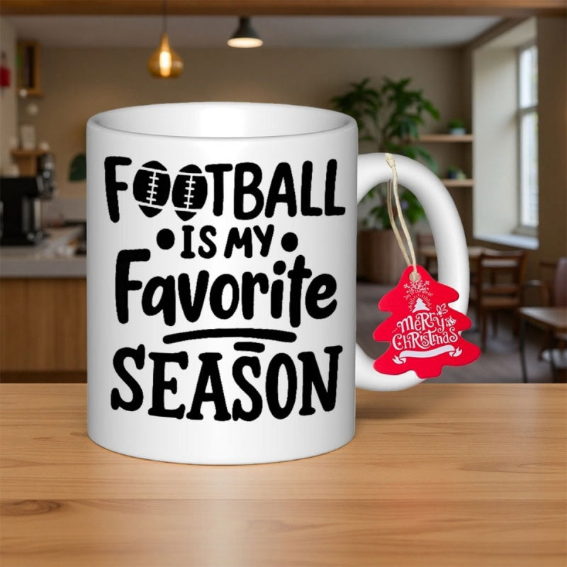 Tailorly White Ceramic 11 oz Mug - Football Is My Favorite Season Bold Black Script Lettering Featuring Decorative American Football Icons On Ceramic Mug