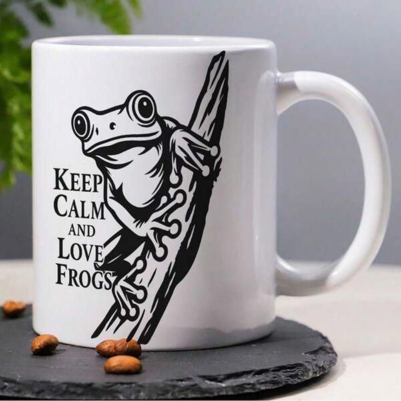 Tailorly White Ceramic 11 oz Mug - Keep Calm And Love Frogs Minimalist Black Ink Sketch Climbing A Wooden Branch Frog
