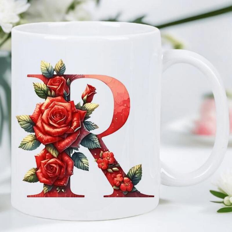 Tailorly White Ceramic 11 oz Mug - R Elegantly Blooming Red Roses With Lush Green Leaves Intertwined Around Large Letter Rose