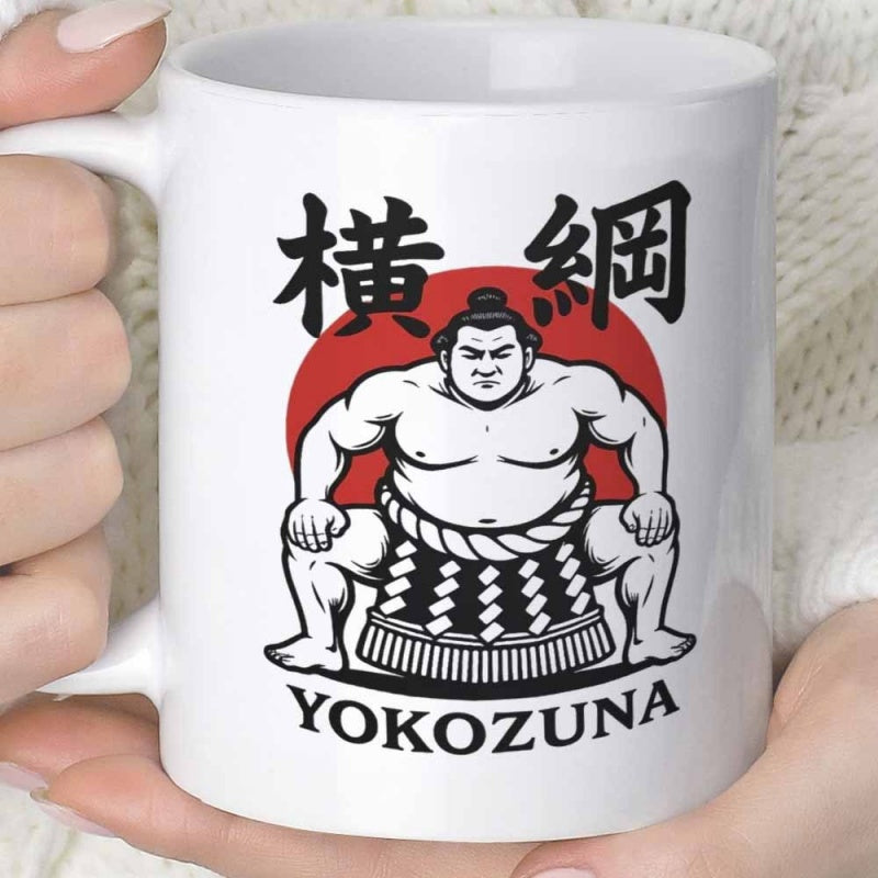 Tailorly White Ceramic 11 oz Mug - Yokozuna Traditional Japanese Athlete Crouching In Front Of A Red Sun Wrestler