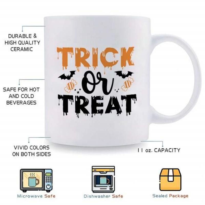 Tailorly White Ceramic 11 oz Mug - Trick Or Treat Spooky Bats Flying Amidst Wrapped Candies Under Gothic Dripping Font Sign