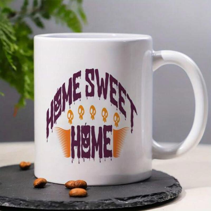 Tailorly White Ceramic 11 oz Mug - Home Sweet Home Spooky Halloween Style With Dripping Letters And Glowing Orange Jack O Lantern Pumpkin