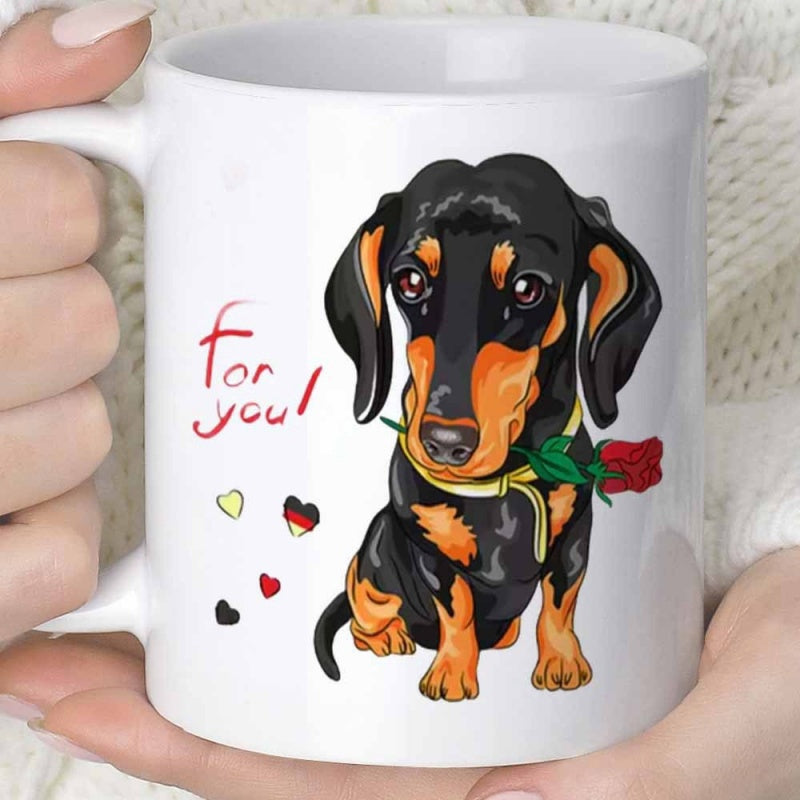 Tailorly White Ceramic 11 oz Mug - For You Charming Cartoon Sausage Dog Holding A Single Red Rose Dachshund