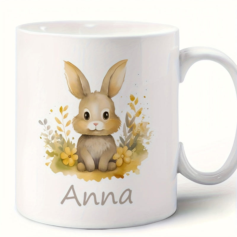Tailorly White Ceramic 11 oz Mug - Anna Watercolor Hand Painted Style Resting Among Golden Wildflowers Soft Forest Bunny