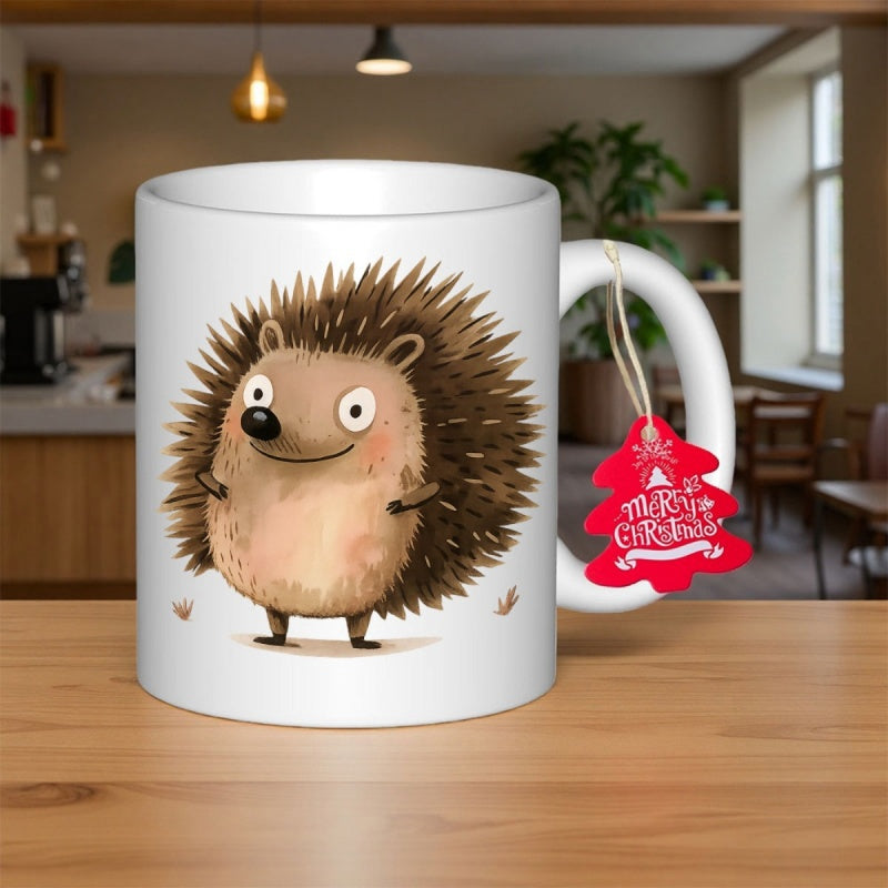 Tailorly White Ceramic 11 oz Mug - Merry Christmas Cute Little Spiky Animal Standing On Tiny Feet With Friendly Smile Hedgehog