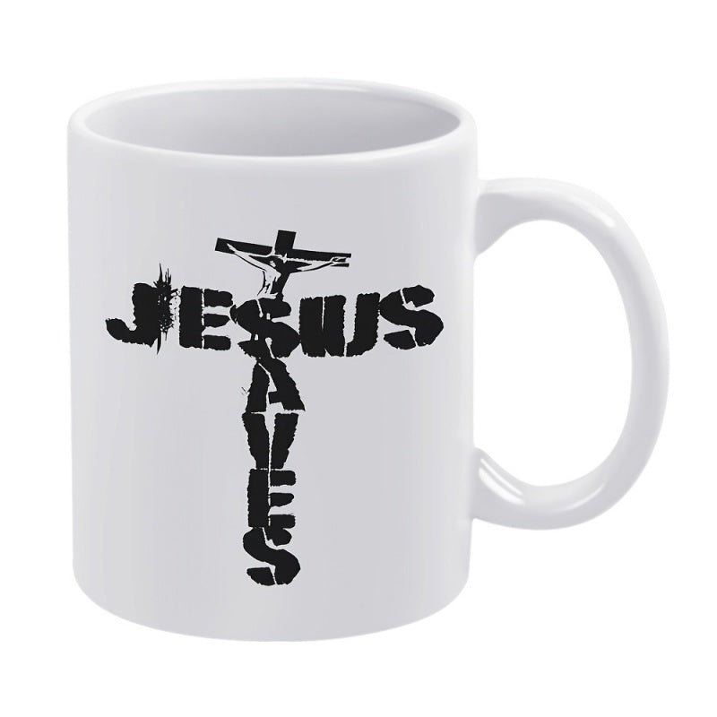 Tailorly White Ceramic 11 oz Mug - Jesus Saves Distressed Black Text Arranged In A Cross Shape With Crucifixion Silhouette Cross