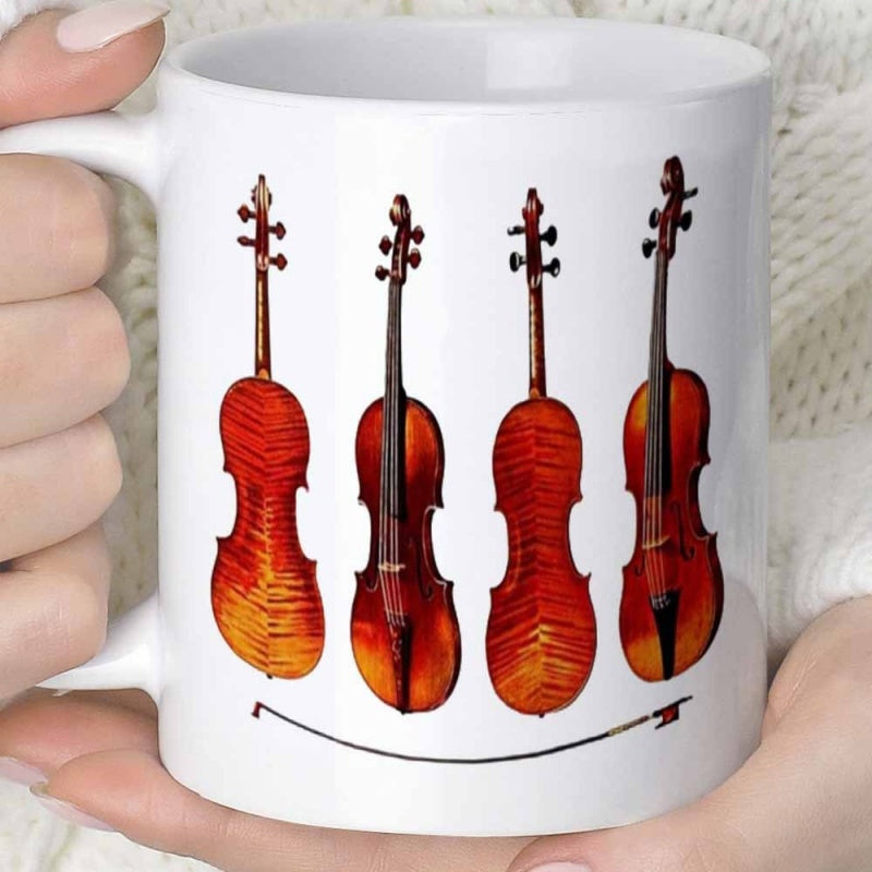 Tailorly White Ceramic 11 oz Mug - Elegant Wooden String Instruments Standing Together Above A Smiling Musical Bow Violin