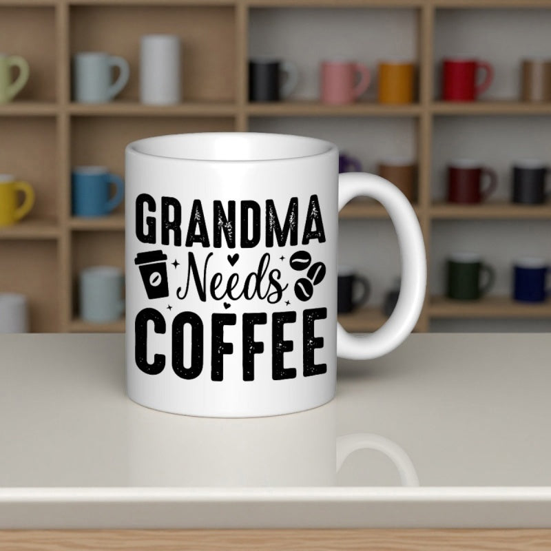 Tailorly White Ceramic 11 oz Mug - Grandma Needs Coffee Minimalist Black Icons Featuring To Go Cup And Beans Coffee Mug