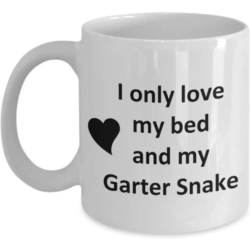 Tailorly White Ceramic 11 oz Mug - I Only Love My Bed And My Garter Snake Simple Solid Black Heart Placed Beside Minimalist Clean Sans Serif Text Mug