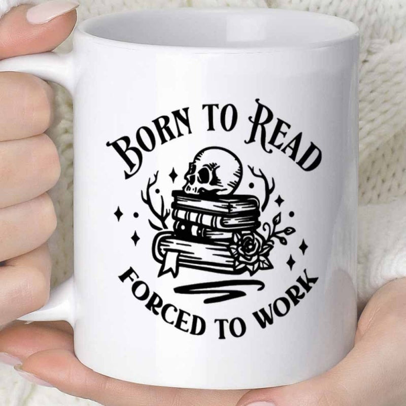 Tailorly White Ceramic 11 oz Mug - Born To Read Forced To Work Gothic Illustration Resting On A Stack Of Vintage Books Skull