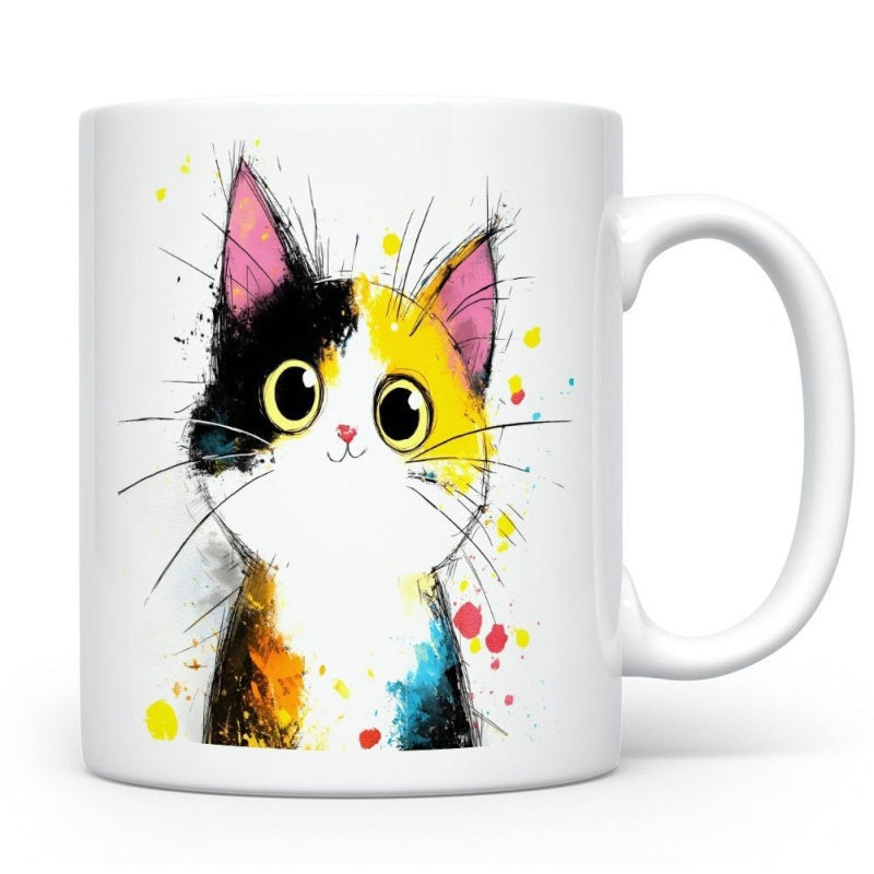 Tailorly White Ceramic 11 oz Mug - Artistic Colorful Watercolor Splatter Style With Big Eyes And Cute Expression Cat