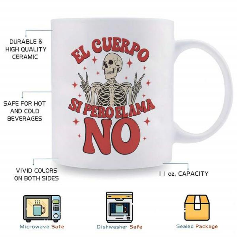 Tailorly White Ceramic 11 oz Mug - Smiling Retro Skeleton Gesturing Peace Signs Among Glowing Red Stars Skeleton