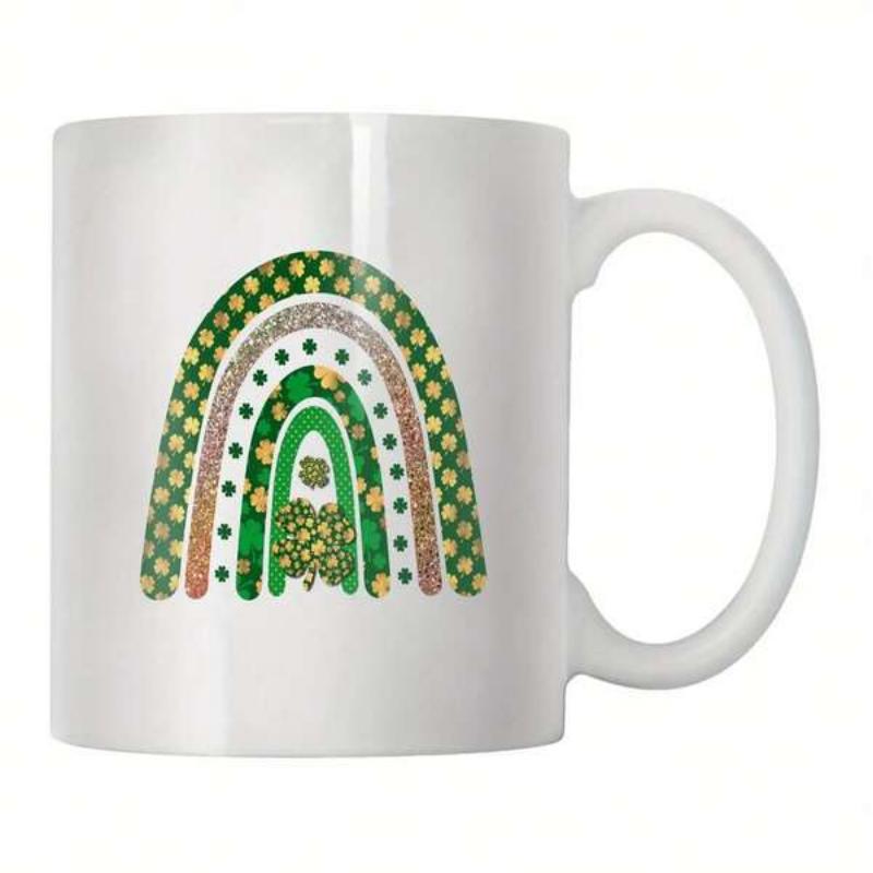 Tailorly White Ceramic 11 oz Mug - Decorative Boho Arch Featuring Vibrant Green Patterned Shamrock Lucky Rainbow
