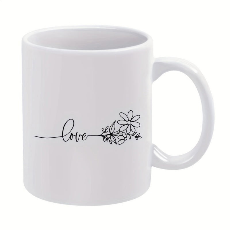 Tailorly White Ceramic 11 oz Mug - Love Elegant Minimalist Black Line Drawing Of A Wild Blooming Garden Flower