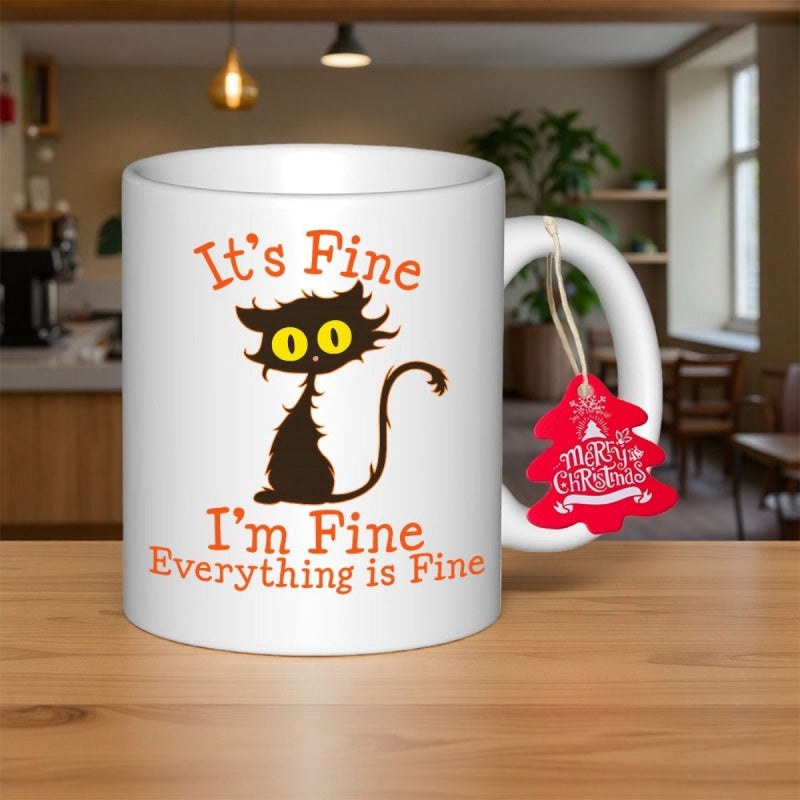 Tailorly White Ceramic 11 oz Mug - It's Fine I'm Fine Everything Is Fine Staring Black Scruffy Kitten With Big Bright Yellow Eyes Stressed And Hairy Cat