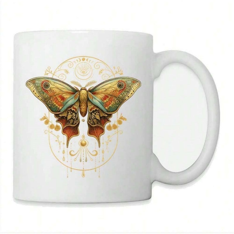 Tailorly White Ceramic 11 oz Mug - Ornate Golden Wings Stretching Among Mystical Celestial Moon Symbols And Filigree Butterfly