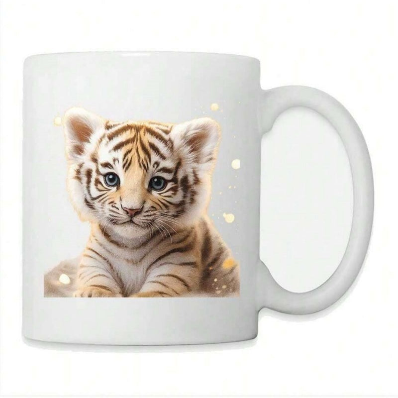 Tailorly White Ceramic 11 oz Mug - Adorable White Cub With Striking Stripes And Glistening Magical Sparkles Tiger