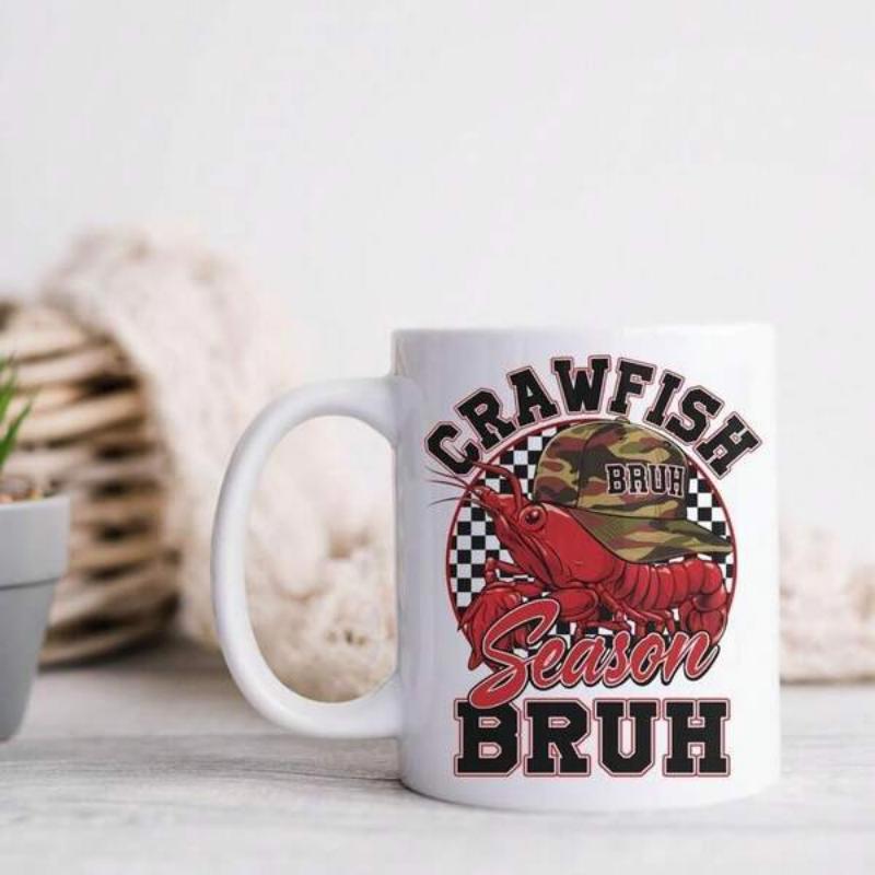 Tailorly White Ceramic 11 oz Mug - Crawfish Season Bruh Vibrant Red Crustacean Wearing Camouflage Hat Over Racing Checkered Background Crawfish