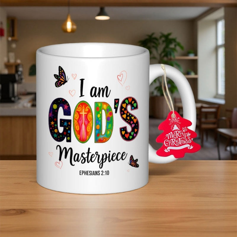 Tailorly White Ceramic 11 oz Mug - I Am Gods Masterpiece Ephesians 2 10 Colorful Stylized Text Surrounded By Small Hearts Flying Butterfly