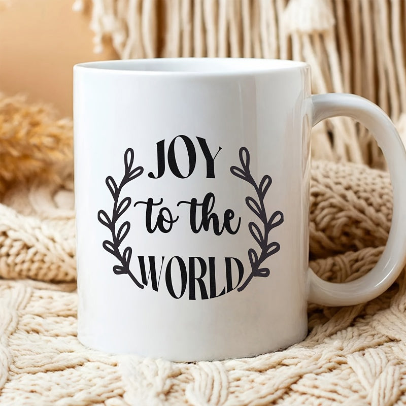Tailorly White Ceramic 11 oz Mug - Joy To The World Elegant Circular Leaf Vines Surrounding Inspirational Script And Bold Serif Decorative Wreath
