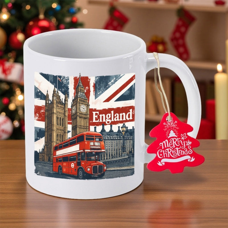Tailorly White Ceramic 11 oz Mug - England Iconic Red Double Decker Bus Traveling Past Historic Big Ben Landmark