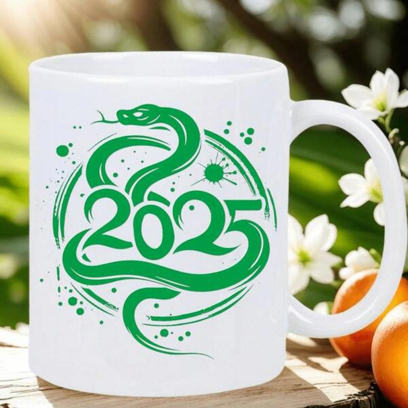 Tailorly White Ceramic 11 oz Mug - 2025 Vibrant Green Stylized Coiling Serpent Entwined Around Numeric Year Design Snake