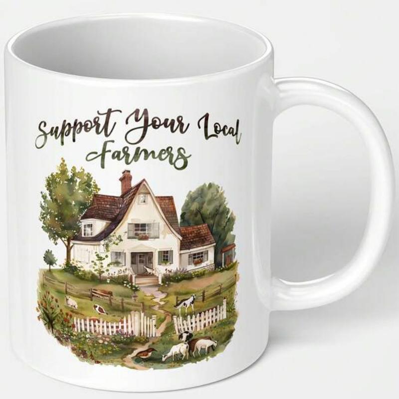 Tailorly White Ceramic 11 oz Mug - Support Your Local Farmers Rustic Countryside Watercolor Scene With Lush Green Trees And Picket Fence Farmhouse