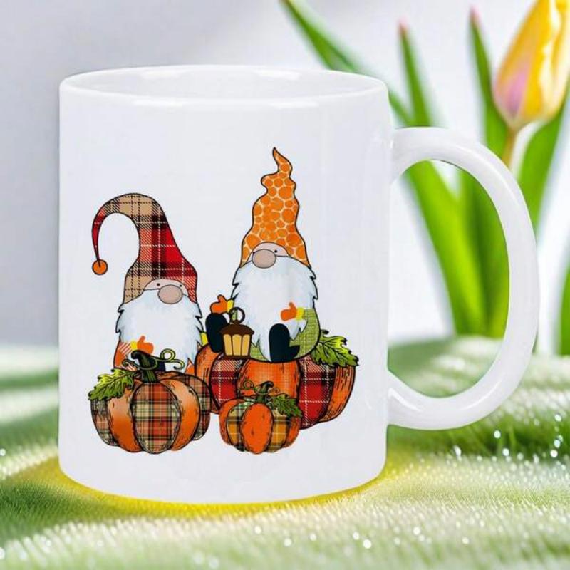 Tailorly White Ceramic 11 oz Mug - Charming Festive Autumn Characters Resting On Plaid Patterned Seasonal Harvest Pumpkins Gnome