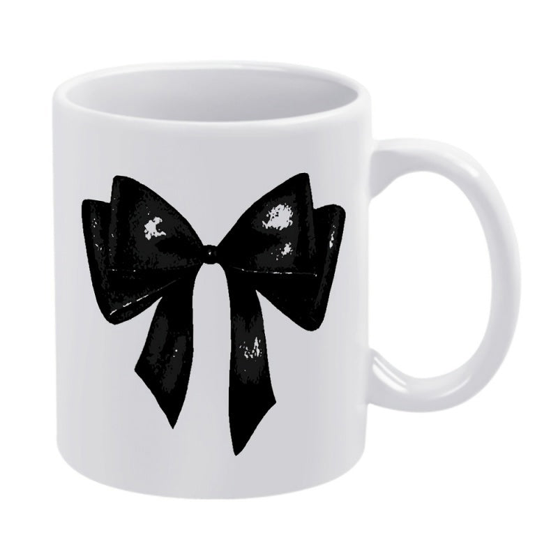 Tailorly White Ceramic 11 oz Mug - Elegant Classic Black Ribbon Tied In A Symmetrical Graceful Feminine Bow