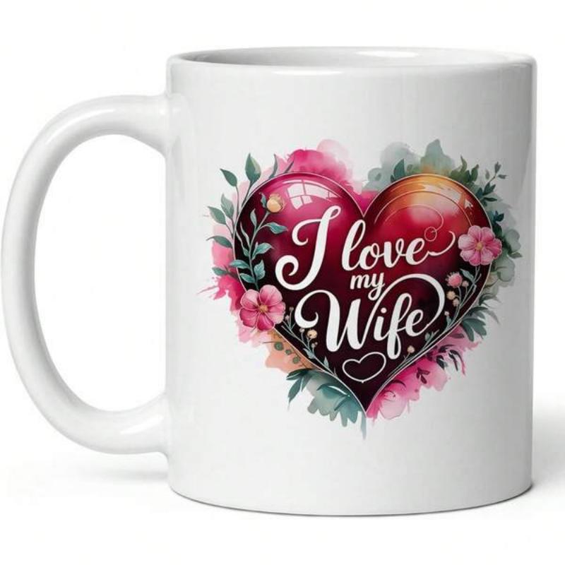 Tailorly White Ceramic 11 oz Mug - I Love My Wife Elegant Floral Wreath Surrounding A Vibrant Glossy Red Heart