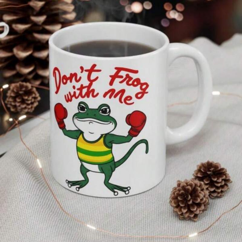 Tailorly White Ceramic 11 oz Mug - Don't Frog With Me Determined Cartoon Boxing Frog Wearing Red Gloves And Striped Yellow Vest Frog
